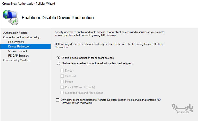 تنظیمات Enable device redirection for all client devices ویندوز سرور