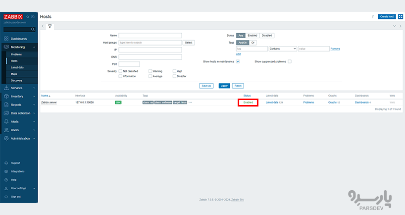 فعال بودن وضعیت local Zabbix Server