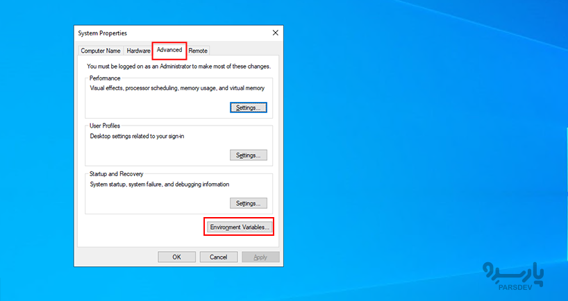 دکمه Environment Variables در ویندوز