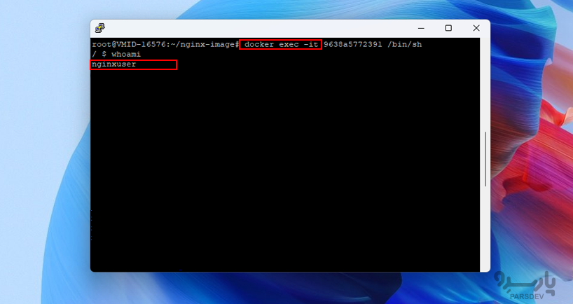 خروجی دستور whoami  در docker exec