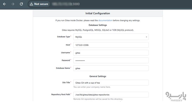 ورود اطلاعات دیتابیس در صفحه نصب gitea