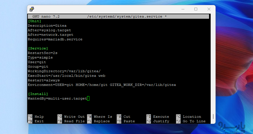 ویرایش فایل gitea.service